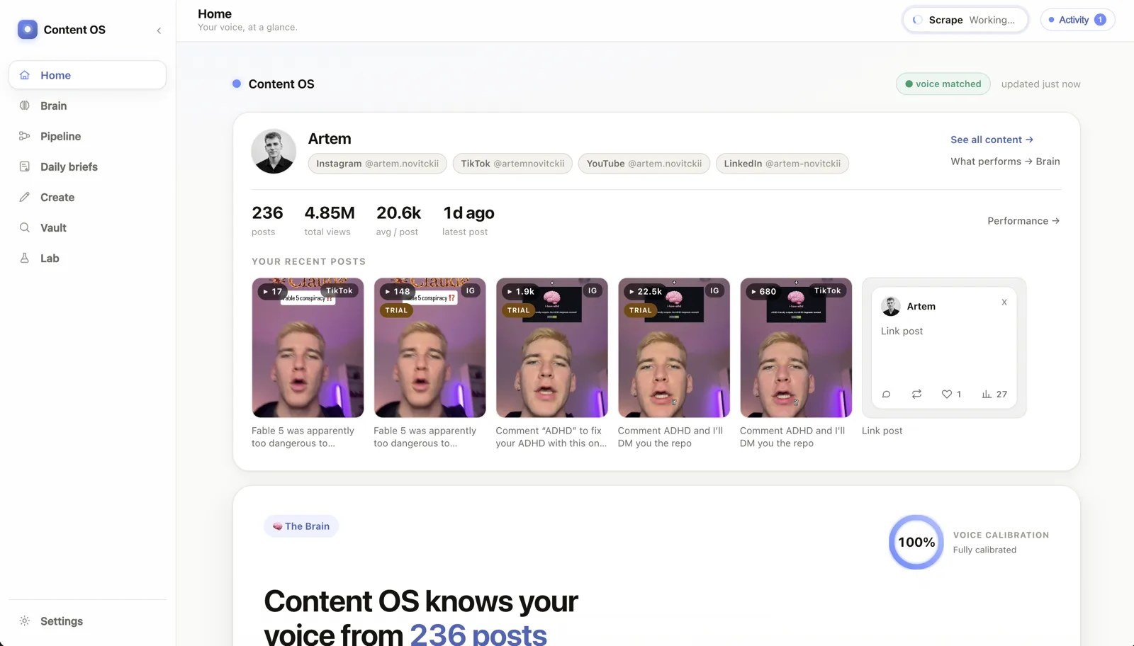 Content OS dashboard — voice matched from 236 posts, recent posts, and performance analytics