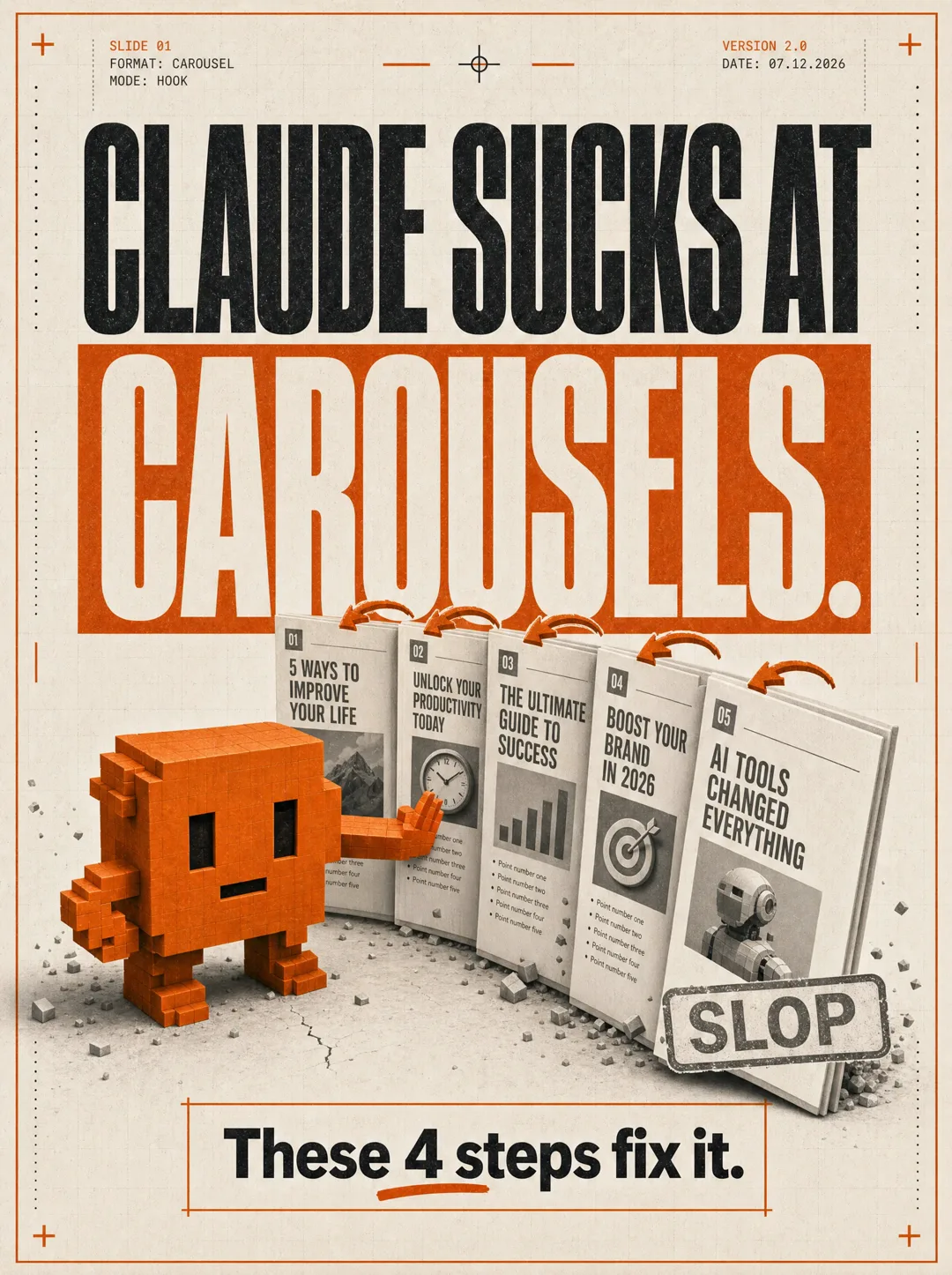 Hook variant 1 — the mascot toppling a row of slop carousels