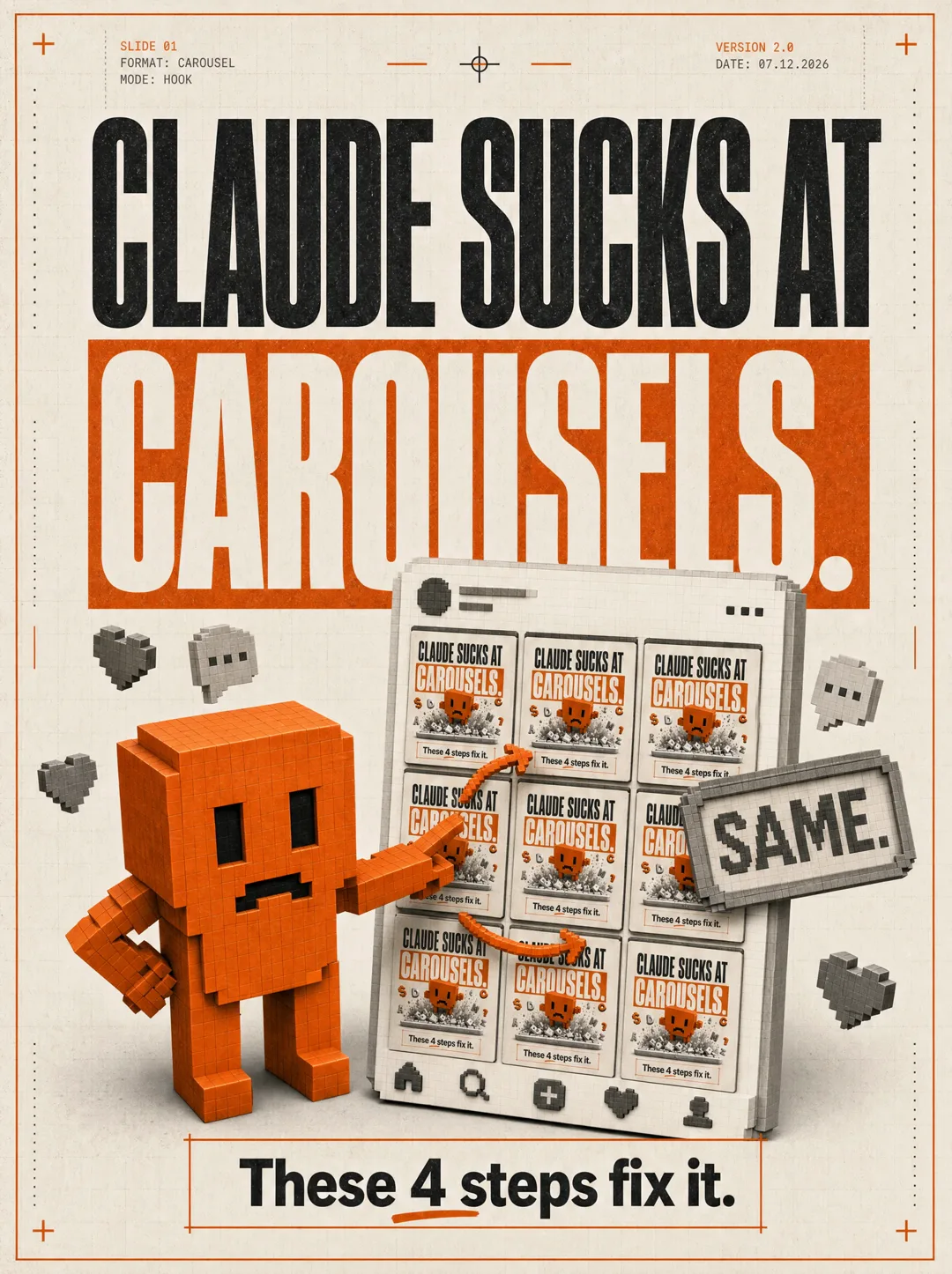 Hook variant 3 — the mascot pointing at a grid of identical carousels
